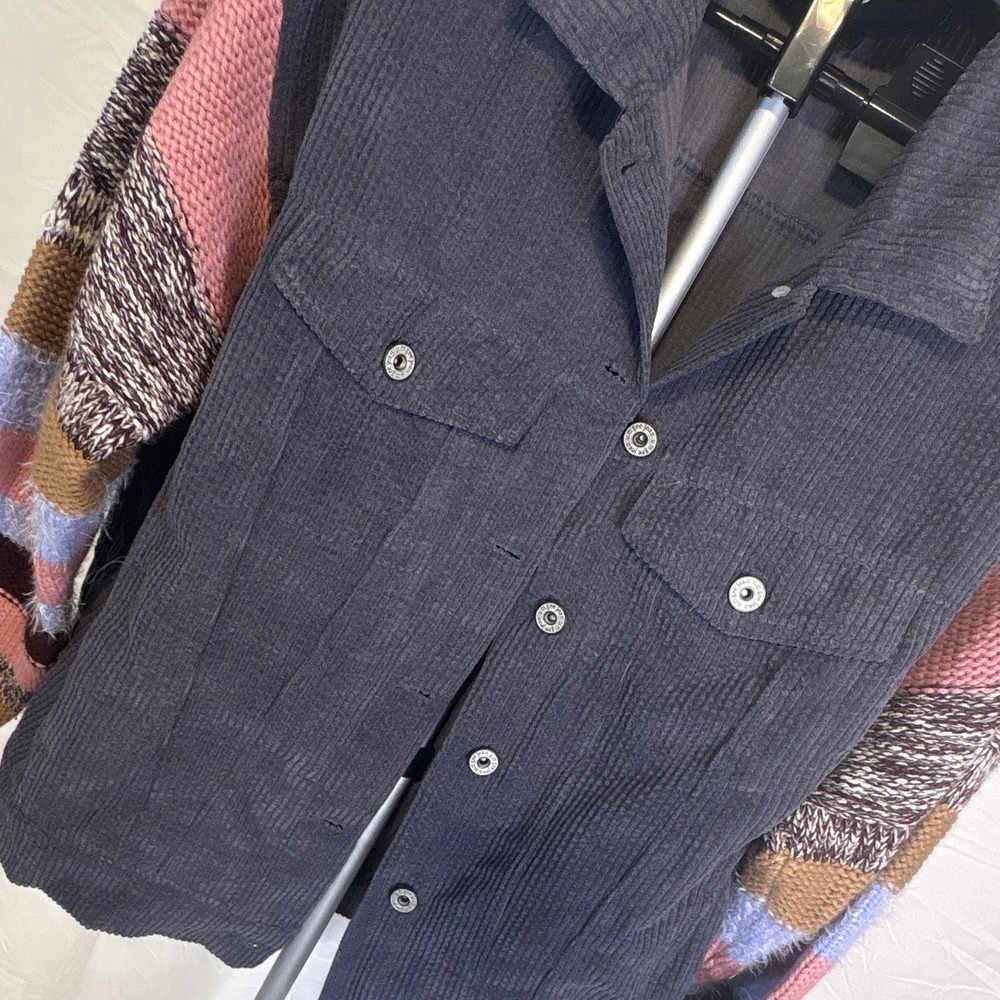 Umgee Women's Gray Multicolor Striped Button Front Collared Pocket Jacket L - Picture 2 of 5